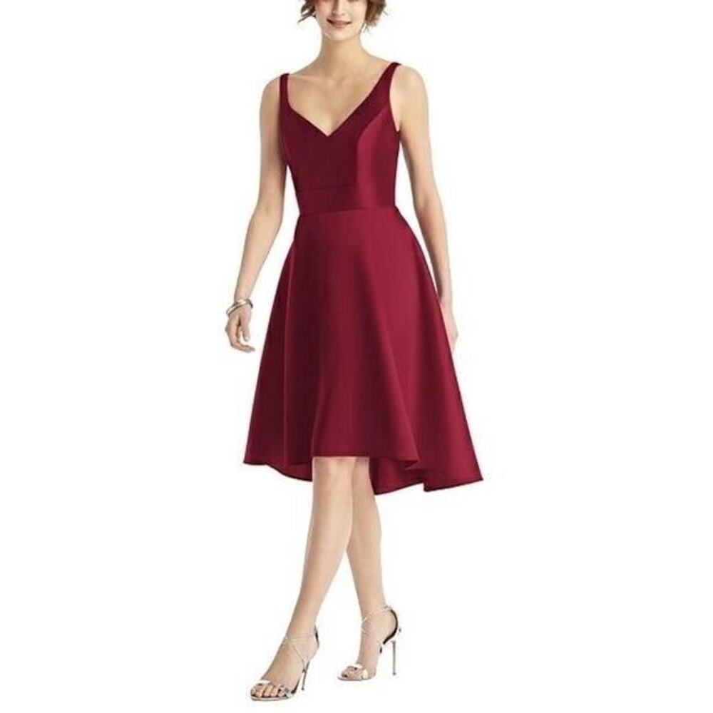 NWT Alfred Sung Sleeveless V-Neck Satin Hi Low Circle Dress Back Zip 16 Burgundy